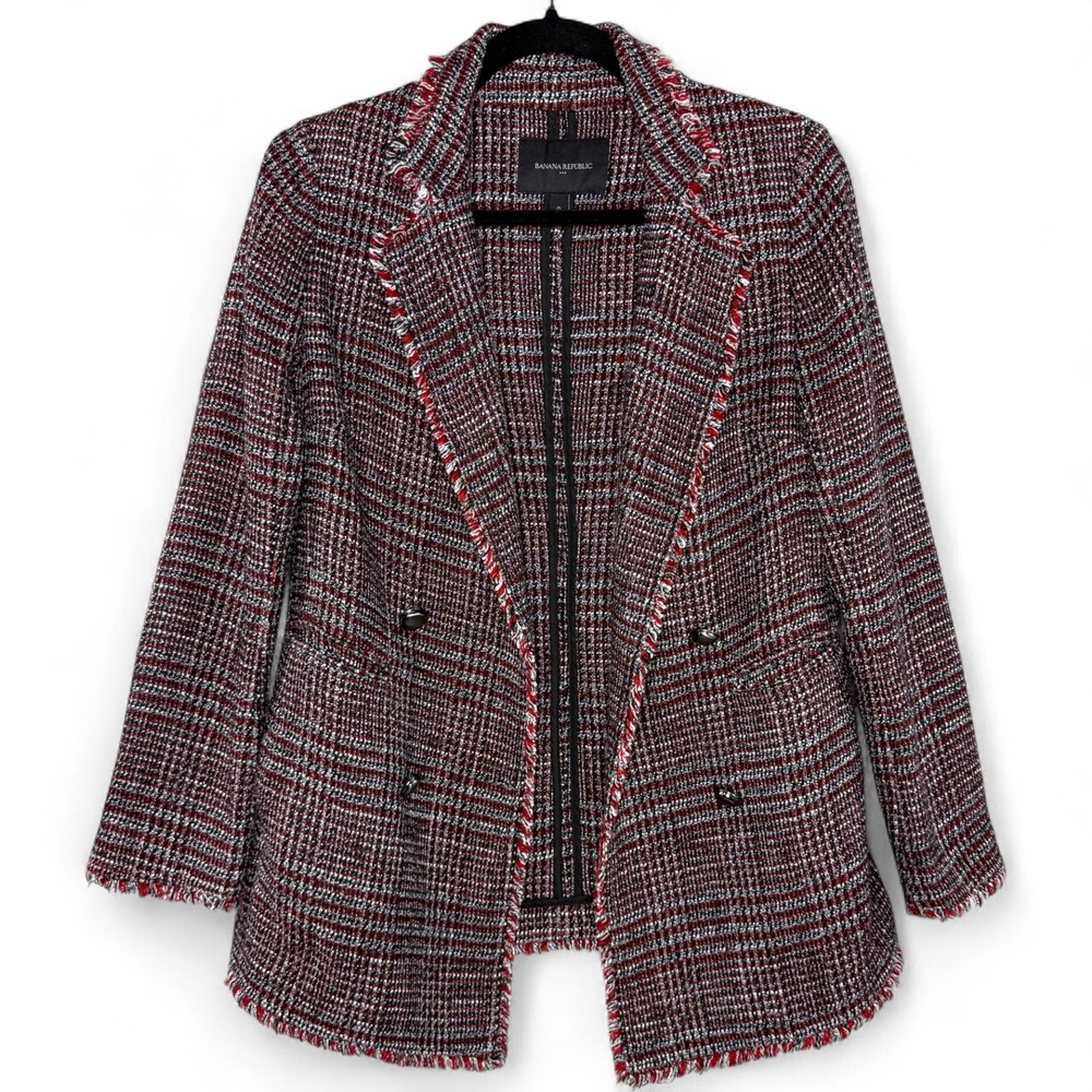 Banana Republic Bouclé Longline Blazer Jacket Red Plaid Tweed Fringe Size 0‎